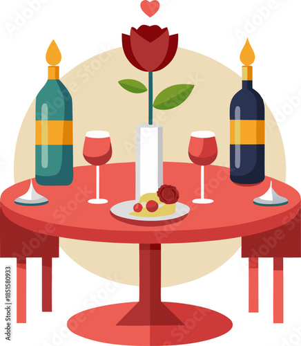 Flat vector illustration of a romantic dinner setup with a candle, two wine glasses, and a rose on a table, white background.
