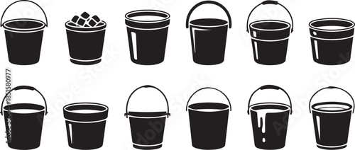 A collection of ice bucket silhouette icon set. simple design black color and white background