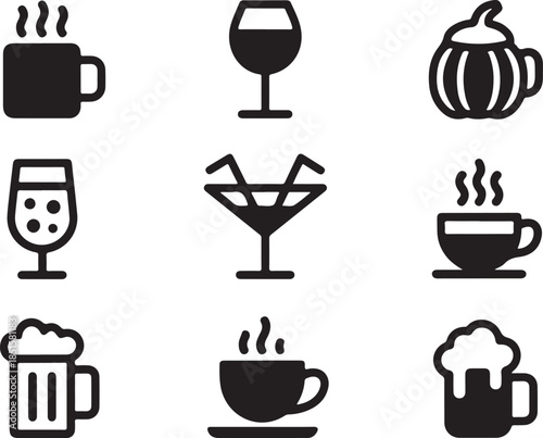 Beverage silhouette icon set. featuring coffee, wine, apple cider, beer, cocktail, hot chocolate cups, and mugs.