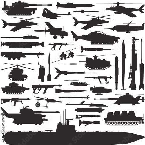 Black Silhouettes of Military Vehicles and on White Background