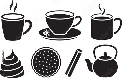 Black silhouette icons featuring coffee cup, tea mug, chocolate cup, dessert, pie, cinnamon stick, teapot, and steamy heart