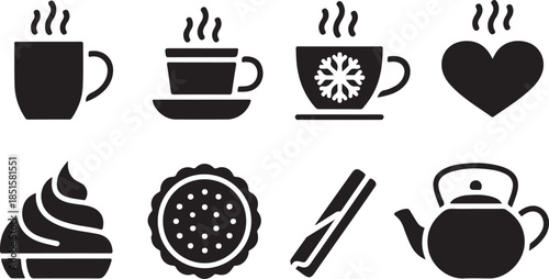 Black silhouette icons featuring coffee cup, tea mug, chocolate cup, dessert, pie, cinnamon stick, teapot, and steamy heart