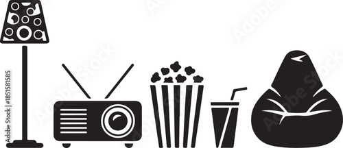 Black silhouette of a floor lamp projector popcorn bucket drink and bean bag chair vector