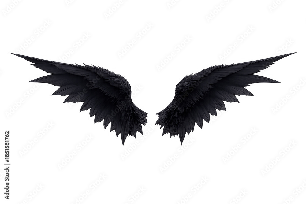 Fototapeta premium Dark black feathered wings symbolizing power, freedom, fantasy, and rebellion with a transparent background