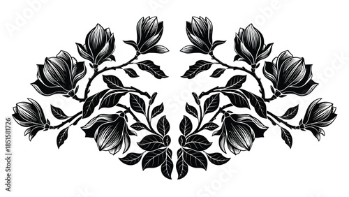 Elegant black and white floral arrangement depicting magnolia blossoms and leaves
