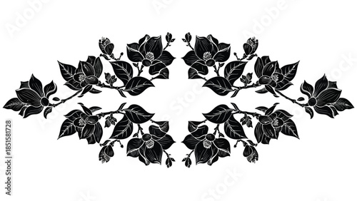 Symmetrical floral design featuring dark blossoms and curving leafy branches