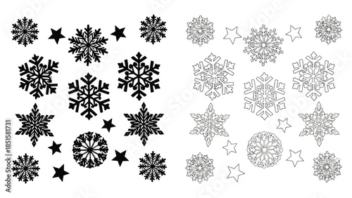 Collection of diverse snowflake designs both dark and light shades presented