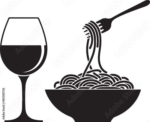 Black silhouette of a wine glass and spaghetti with fork