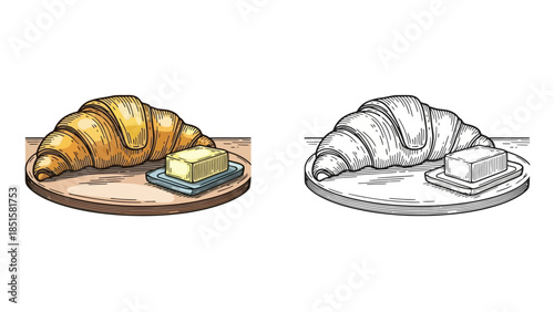 A colorful and grayscale illustration of croissants served with butter