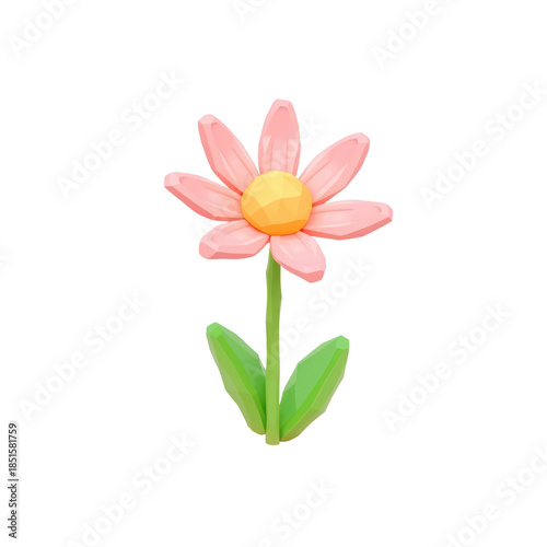 Colorful 3D Illustration of a Pink Flower with Green Leaves