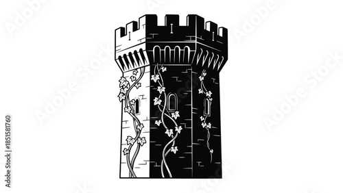 A detailed black and white illustration of a castle tower with floral vines
