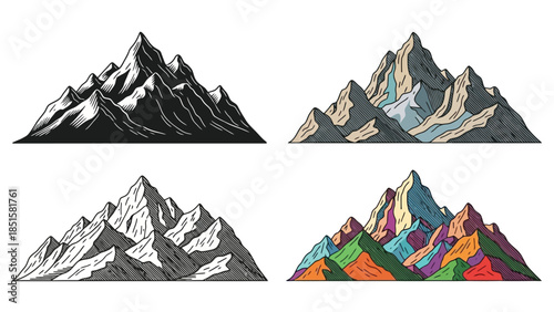 Stylized mountain range illustrations showcase different artistic rendering techniques