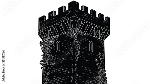 Detailed illustration of a dark stone castle tower with climbing vines