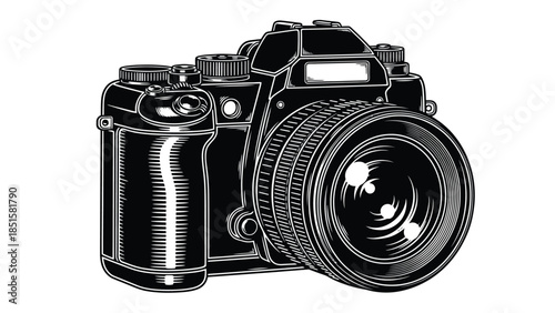 Vintage style illustration of a classic single lens reflex camera