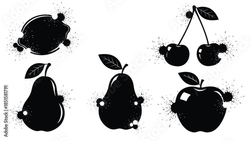Black silhouette fruit composition with splatters apples pears and cherries