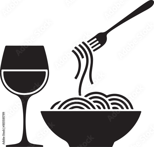 Black silhouette of a wine glass and spaghetti with fork