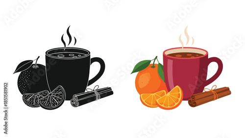 Warm beverage with citrus fruits and spices shown in color and silhouette