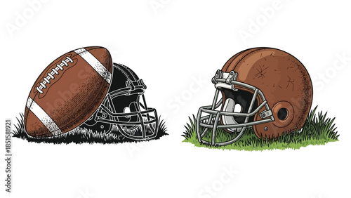 American football helmet and ball resting on blades of green grass