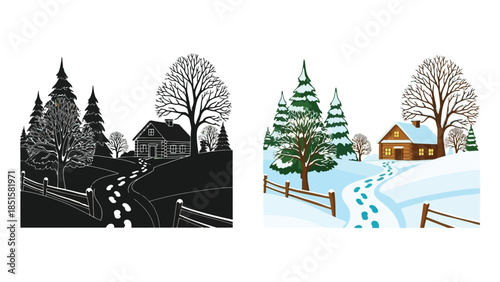 A contrasting depiction of a winter landscape with a house and trees