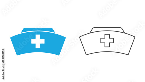 Two nurse caps one colored and one outlined with a white plus symbol