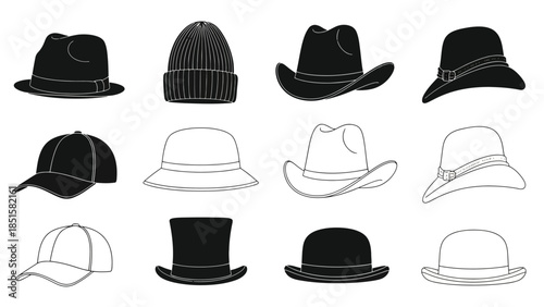 A collection of various hat styles in a black and white illustration