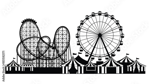 Amusement park illustration featuring a ferris wheel roller coaster and tents