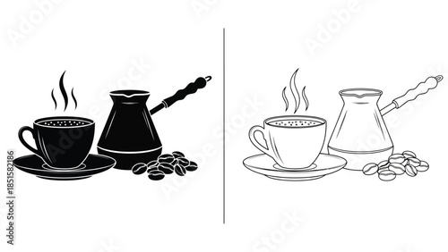 Two contrasting depictions of a turkish coffee set with coffee beans