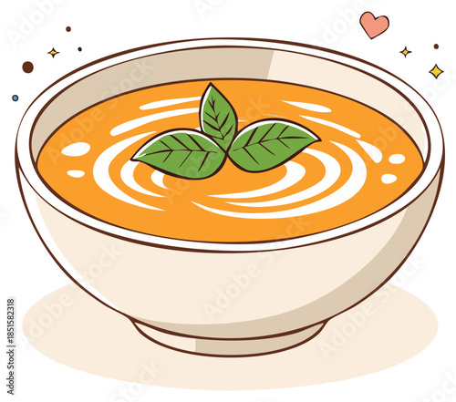 Delicious tomato soup garnished with fresh basil leaves in a simple bowl