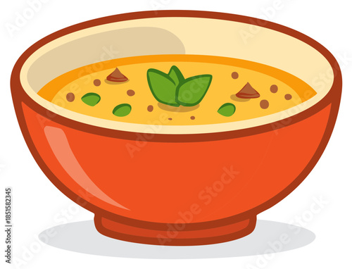 Vibrant orange bowl filled with warm flavorful soup and fresh green herb garnish