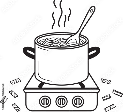 Cooking pasta in a pot with a wooden spoon on stove silhouette