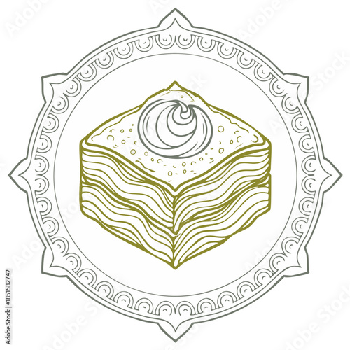 Elegant line art illustration of traditional baklava dessert in a decorative oriental frame