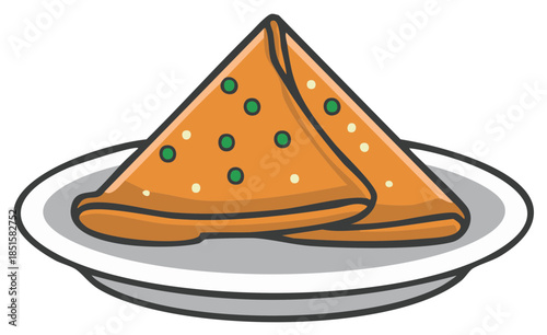 Vector illustration of Indian samosa snack with vegetable filling on a plate