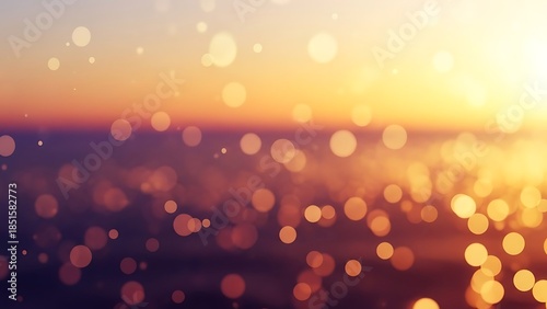 Warm sunset with golden bokeh lights on water background