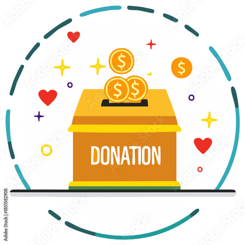 Cartoon donation box illustration for charity and fundraising campaigns money heart