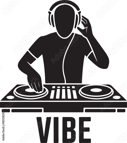 Dj playing music with headphones and turntables silhouette isolated on transparent background 