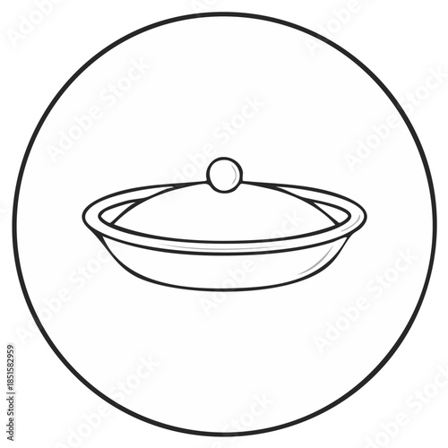 Simple Line Art Icon of a Serving Dish with Lid Inside a Circle