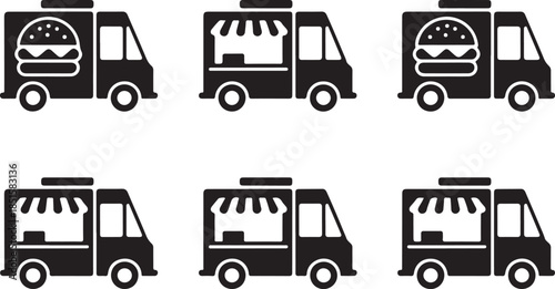Food truck icons set in black filled and stroke