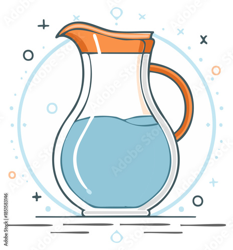 Illustration of a glass pitcher filled with liquid for serving drinks on white surface