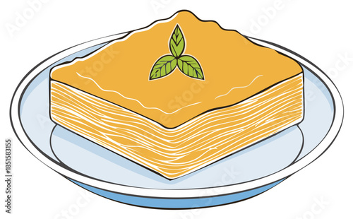 Baklava dessert illustration on plate with leaf decoration