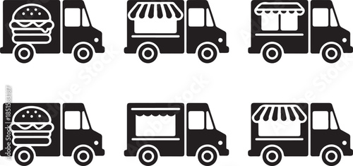 Food truck icons set in black filled and stroke