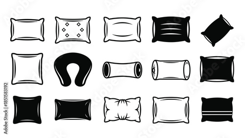 A collection of various pillow illustrations in black and white.