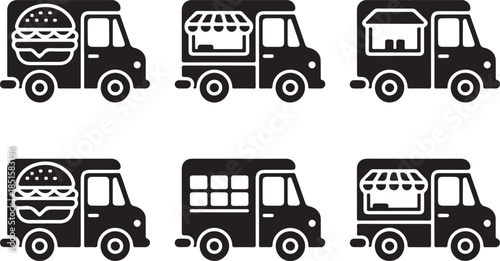 Food truck icons set in black filled and stroke