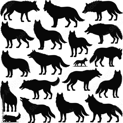 Black silhouettes of wolves in various poses on white background 1