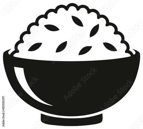 Minimalist glyph icon of a full rice bowl a staple food for Asian cuisine and healthy meals