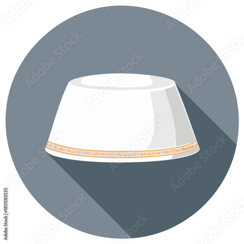Illustrated white hat with detailed border design on a gray circle background.