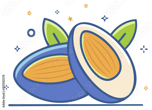 Stylized illustration of two halved plums with leaves and sparkles