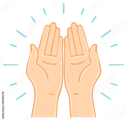 Illustrated open hands reaching upwards with radiating lines in a minimalist style