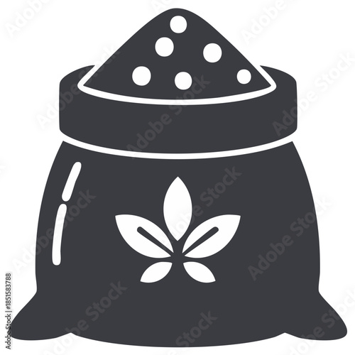 Stylized icon of a bag filled with granular substance, featuring a prominent three-leaf symbol, representing natural plant products.