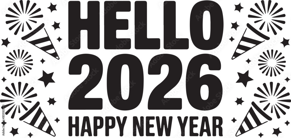Naklejka premium Hello 2026 happy new year with fireworks and stars festive celebration design