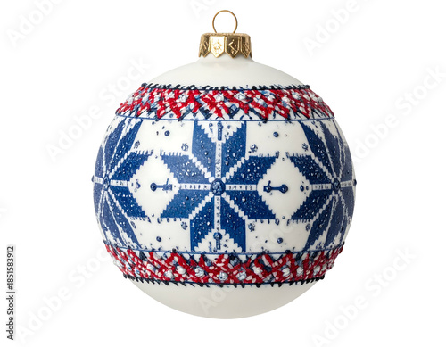 White ornament with blue star pattern and red trim
